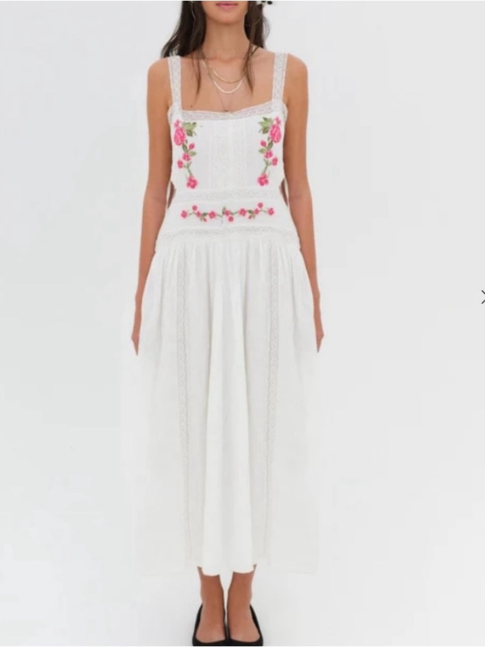 For Love and Lemons Jolene Midi Dress with Pink Floral Embroidery